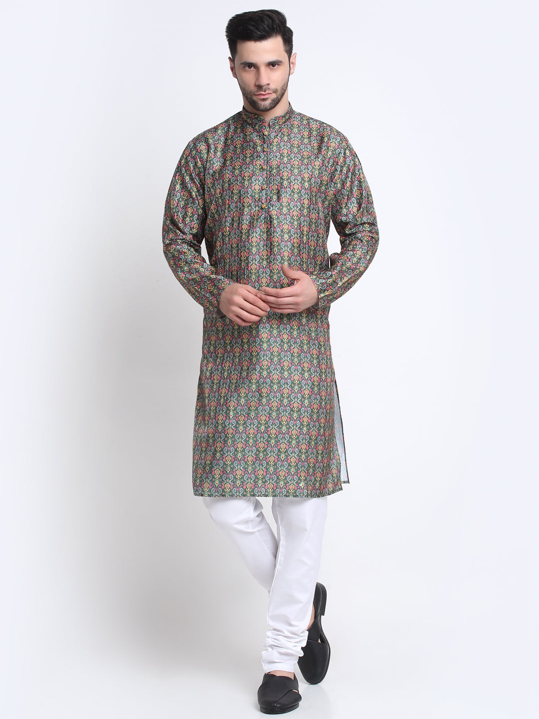 Men's Silk Blend Printed Sequence Kurta and Churidar Set