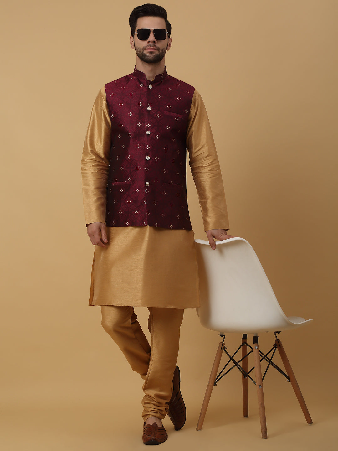 KRAFT INDIA Men's Silk Blend Gold Kurta, Churidar with Jacquard Silk Blend Floral Nehru Jacket Set