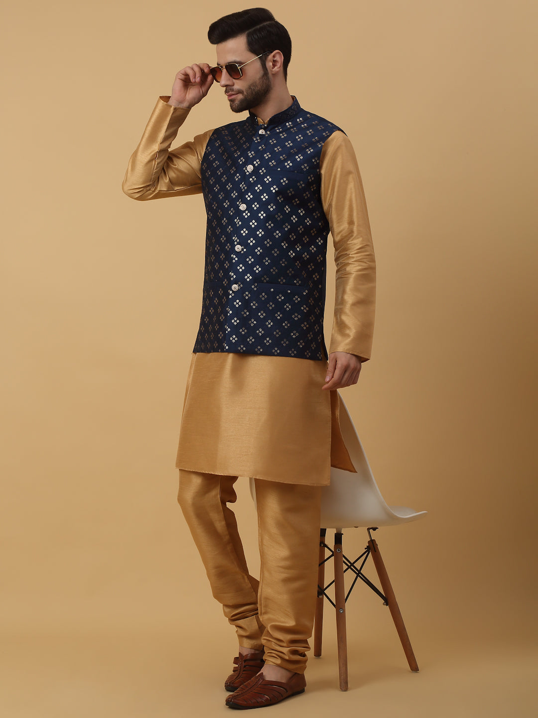 KRAFT INDIA Men's Silk Blend Gold Kurta, Churidar with Cotton Silk Embroided Sequenced Nehru Jacket Set