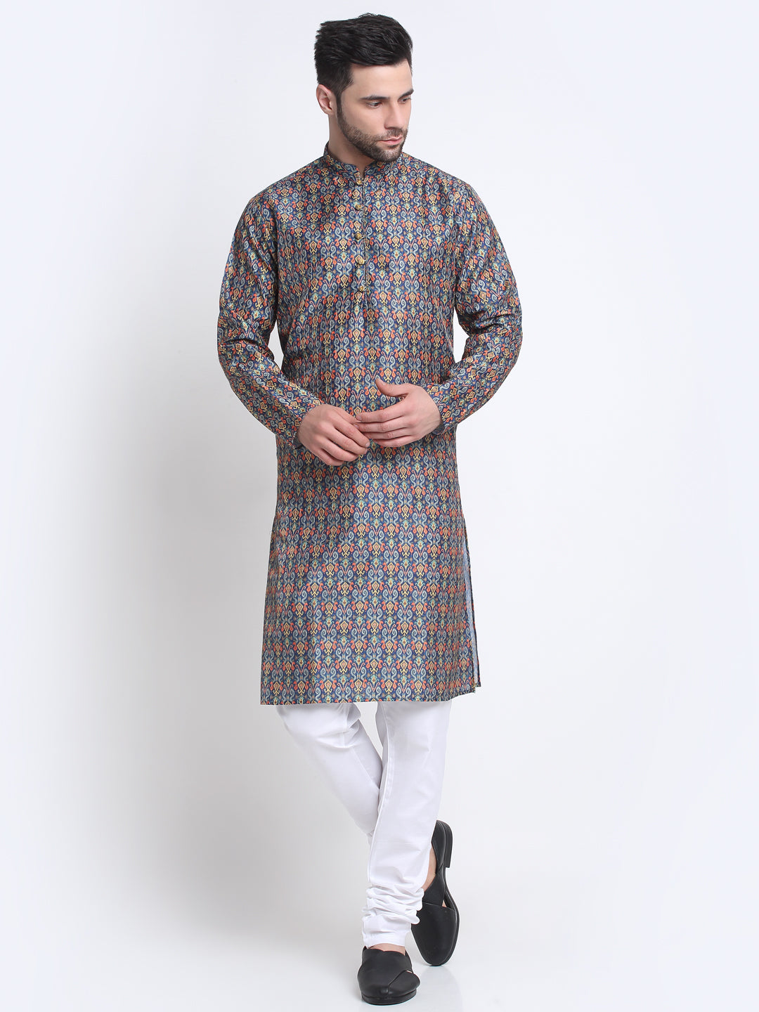 Men's Silk Blend Printed Sequence Kurta and Churidar Set