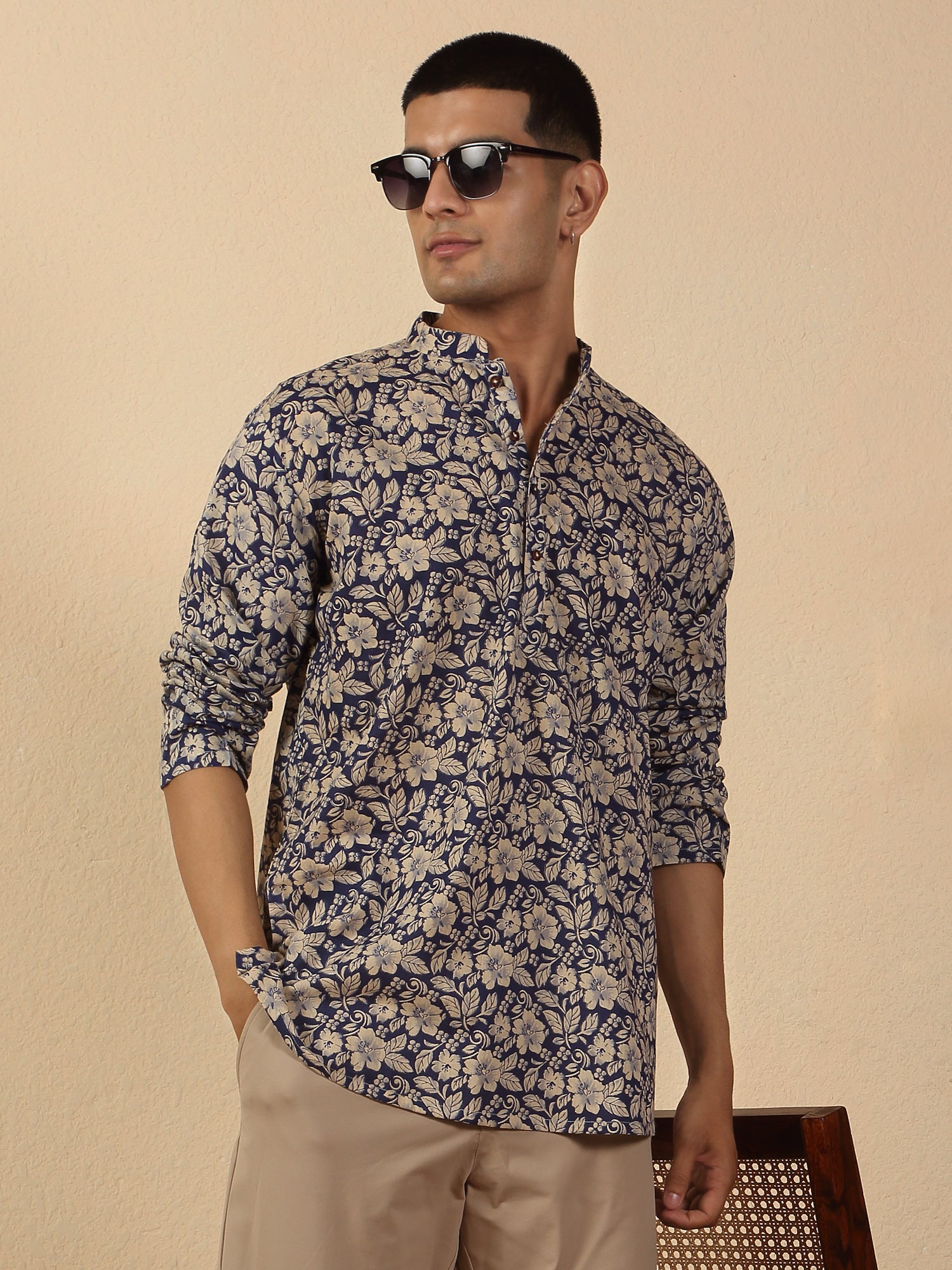 Men's Jaipuri Printed Mandarin Collar Pure Cotton Short Kurta