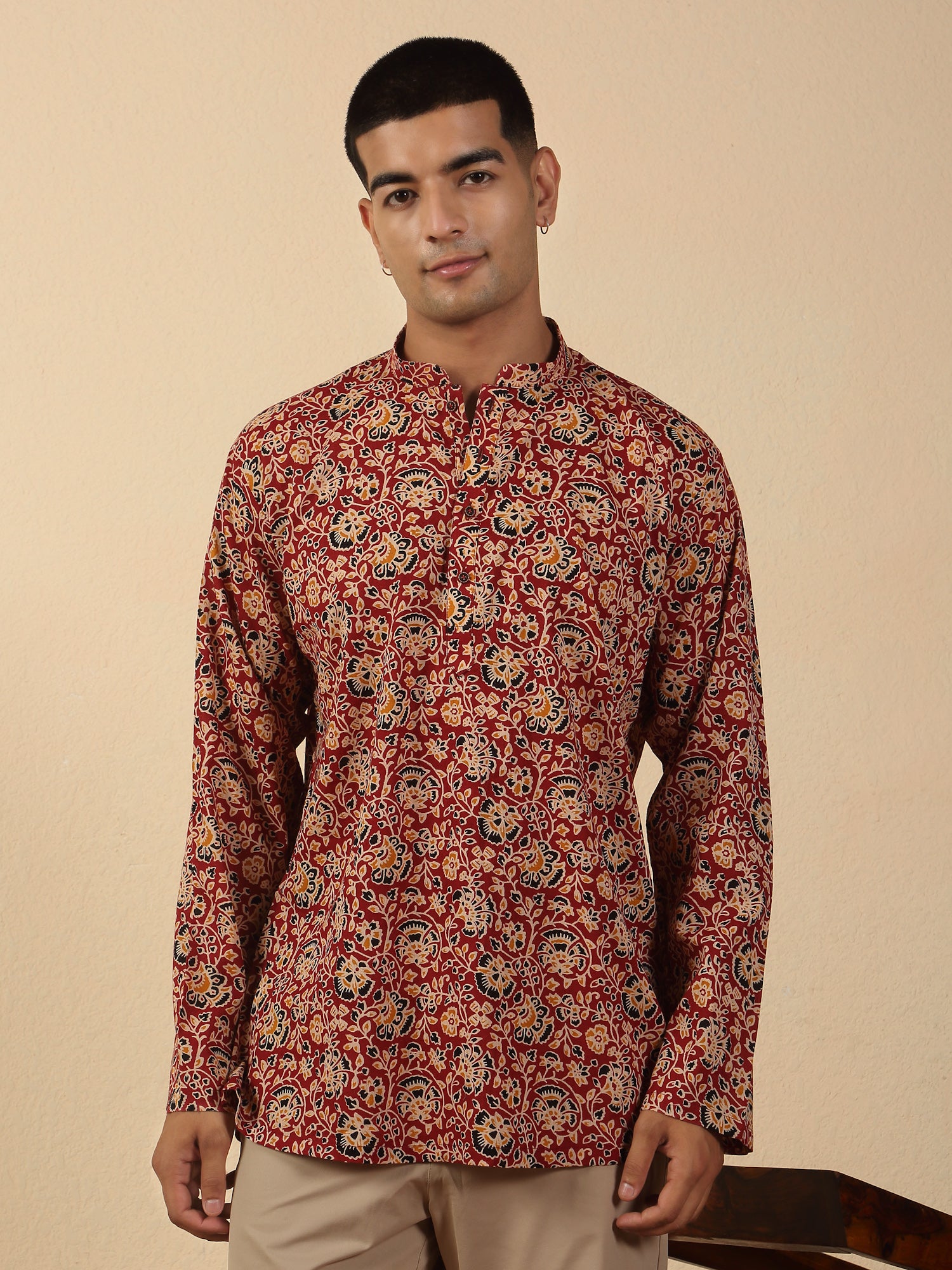 Men's Jaipuri Printed Mandarin Collar Pure Cotton Short Kurta