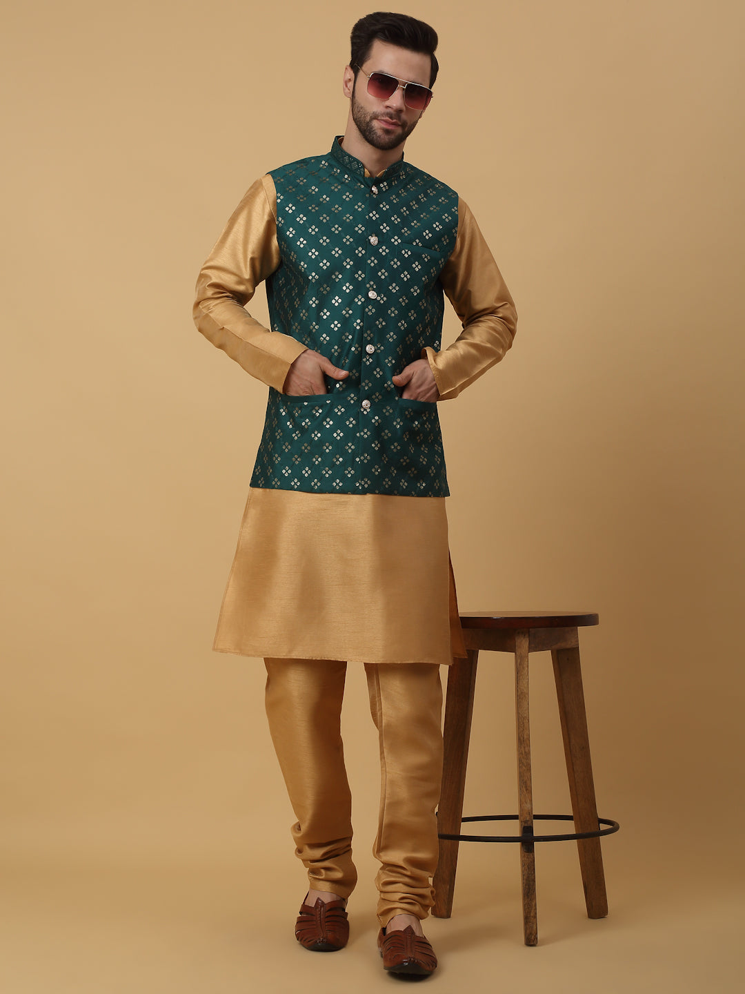 KRAFT INDIA Men's Silk Blend Gold Kurta, Churidar with Cotton Silk Embroided Sequenced Nehru Jacket Set