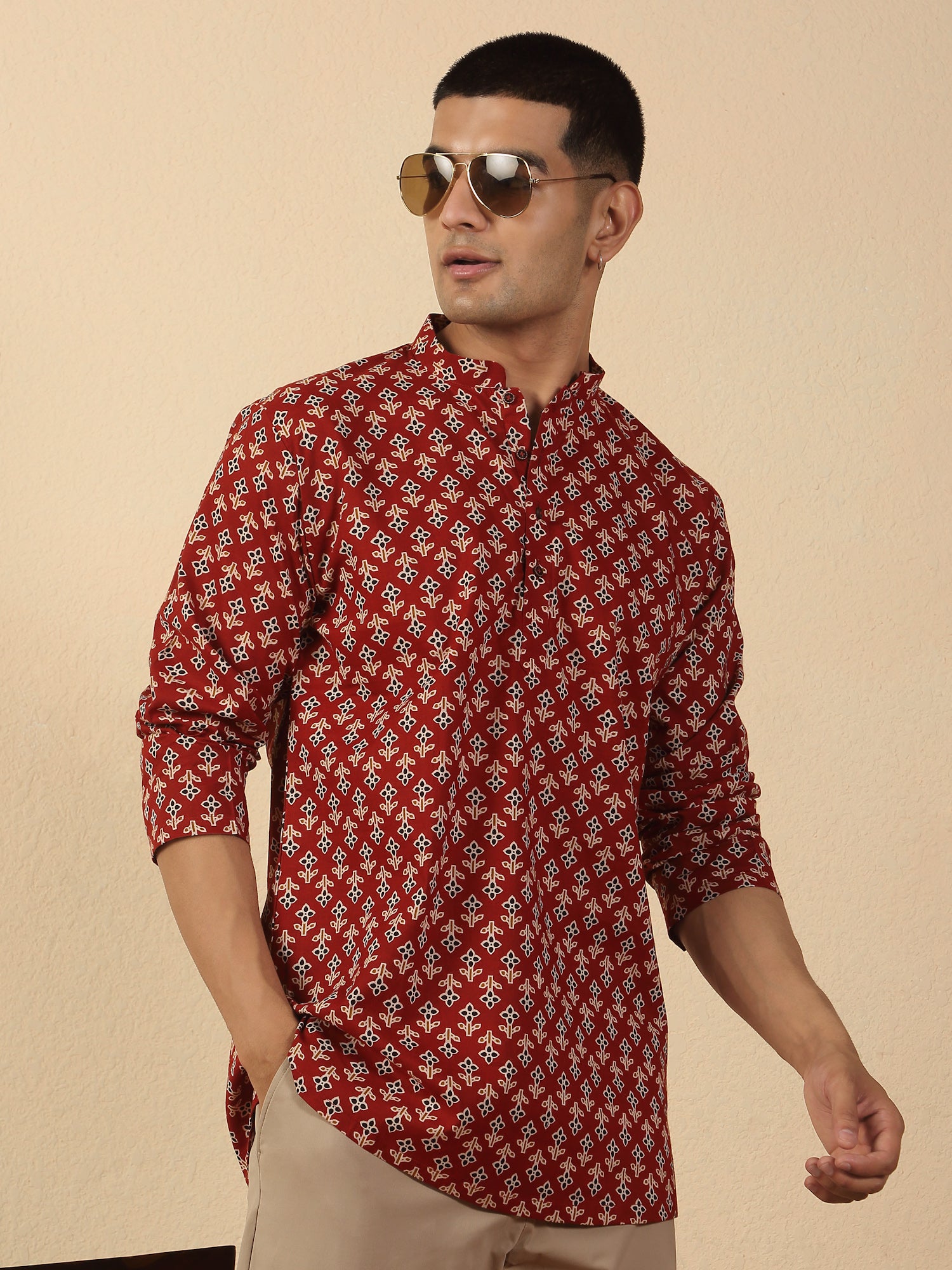 Men Jaipuri Printed Mandarin Collar Pure Cotton Short Kurta