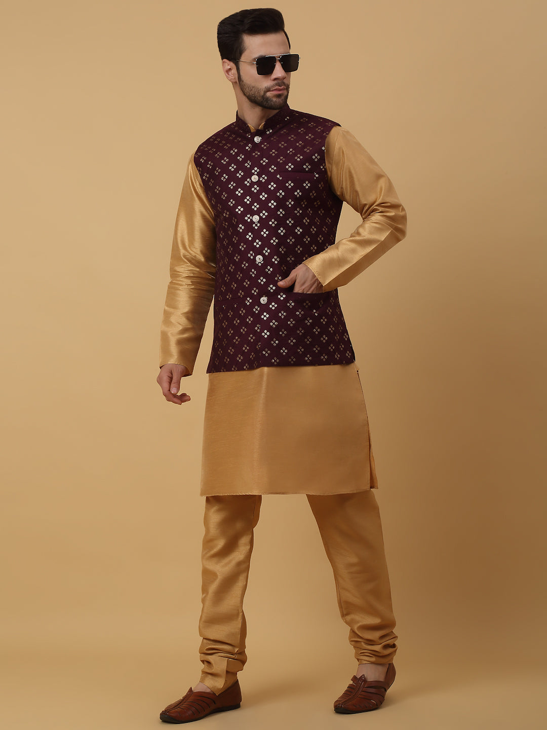 KRAFT INDIA Men's Silk Blend Gold Kurta, Churidar with Cotton Silk Embroided Sequenced Nehru Jacket Set