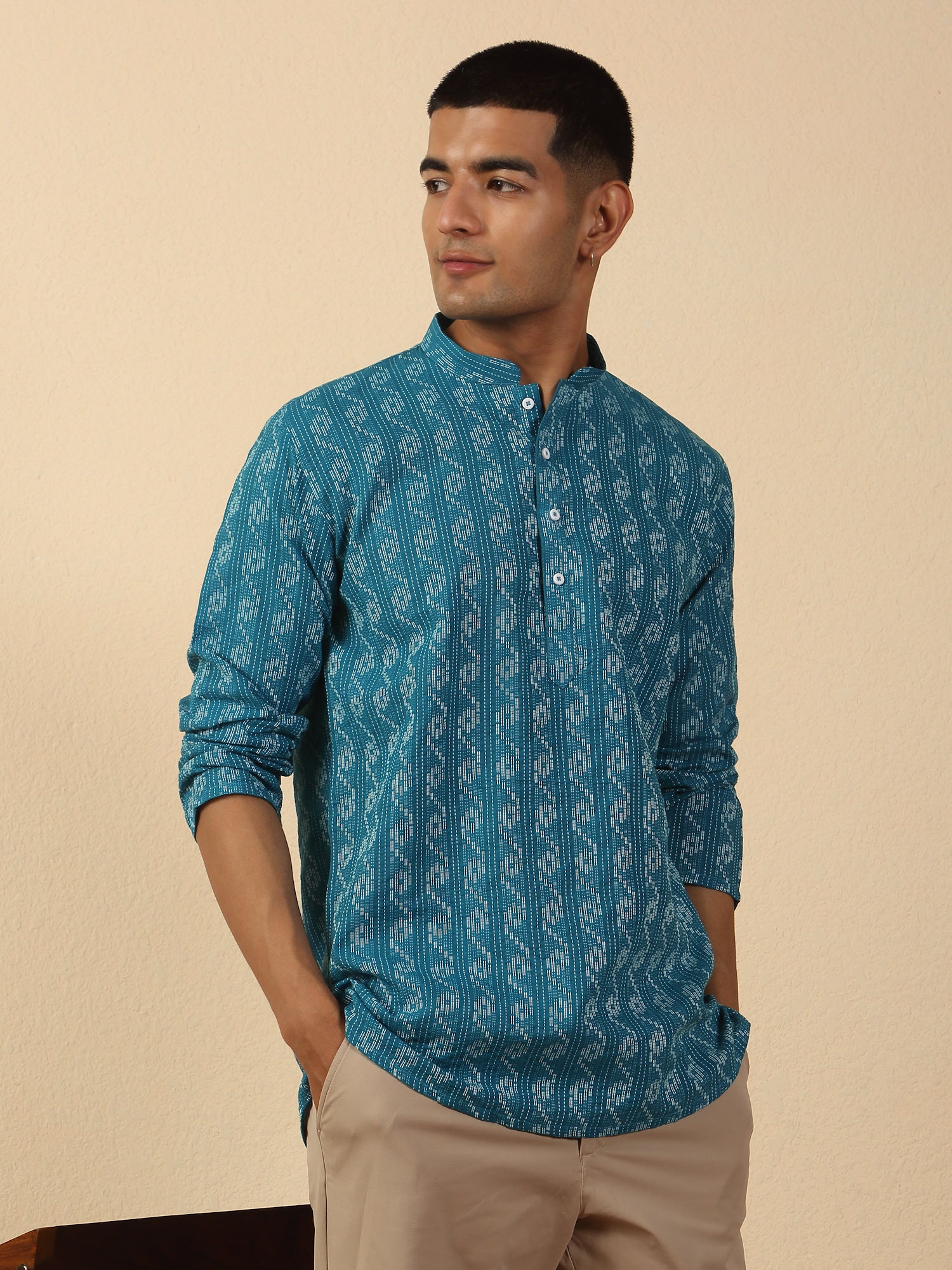 Men's Woven Design Pure Cotton Short Kurta