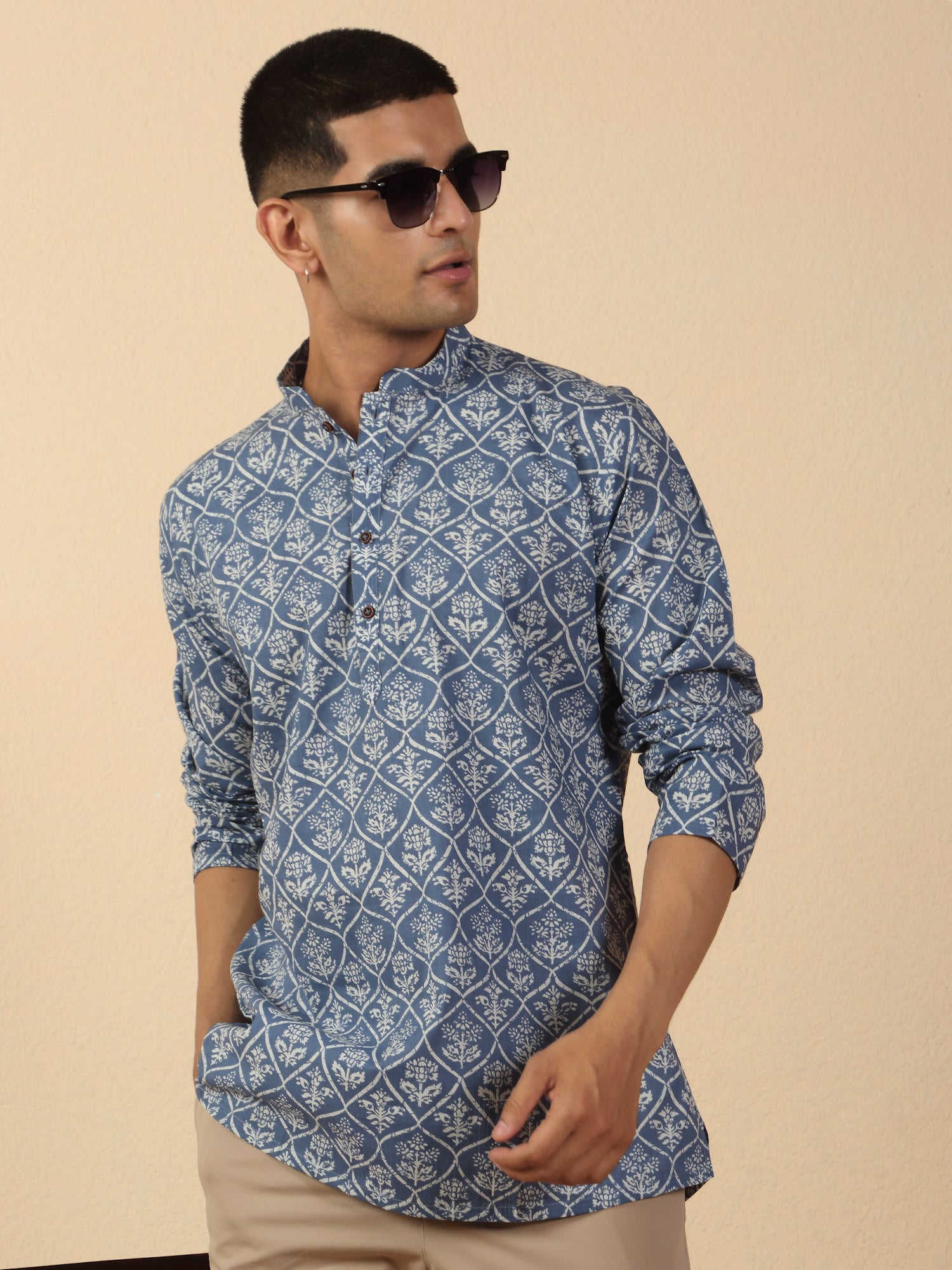 Men Jaipuri Printed Mandarin Collar Pure Cotton Short Kurta