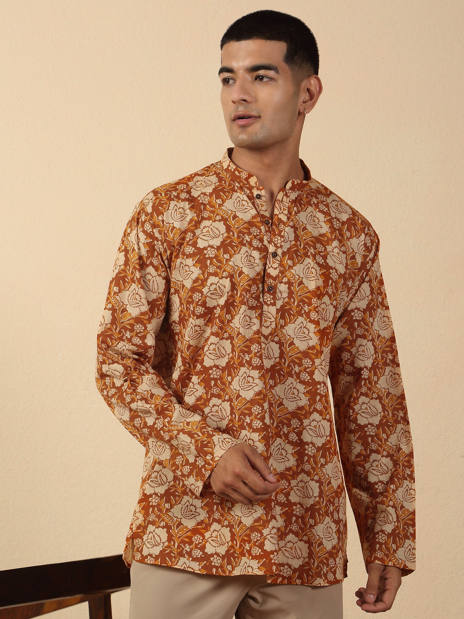 Men's Jaipuri Printed Mandarin Collar Pure Cotton Short Kurta