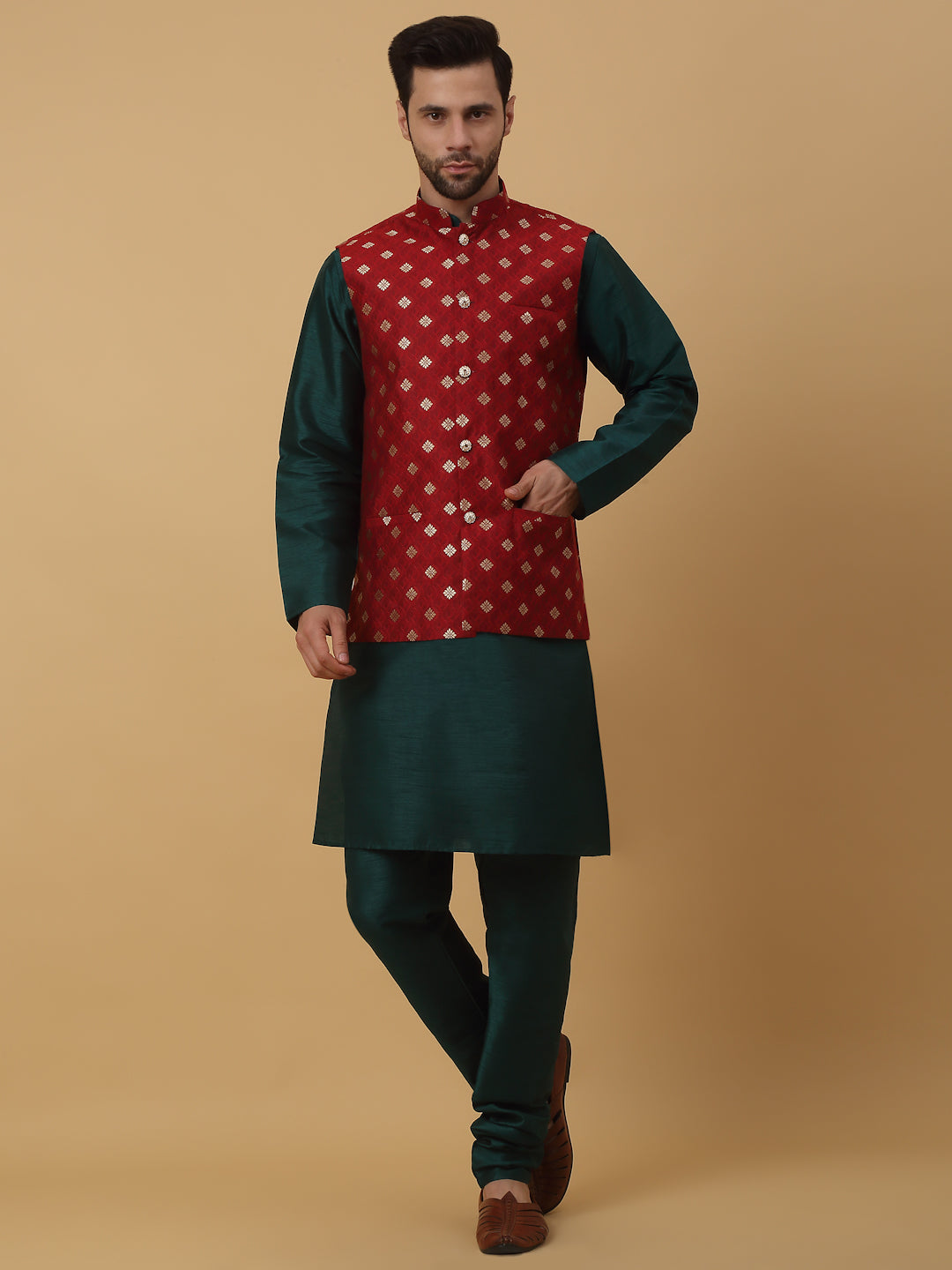 KRAFT INDIA Men's Silk Blend Green Kurta, Churidar with Jacquard Silk Blend Floral Print Nehru Jacket Set