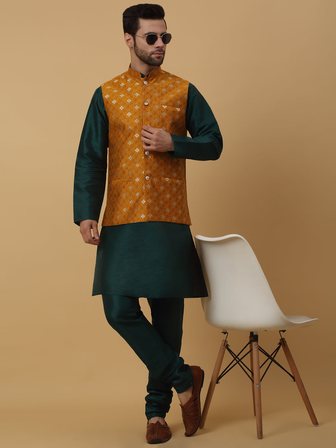 KRAFT INDIA Men's Silk Blend Green Kurta, Churidar with Jacquard Silk Blend Floral Print Nehru Jacket Set