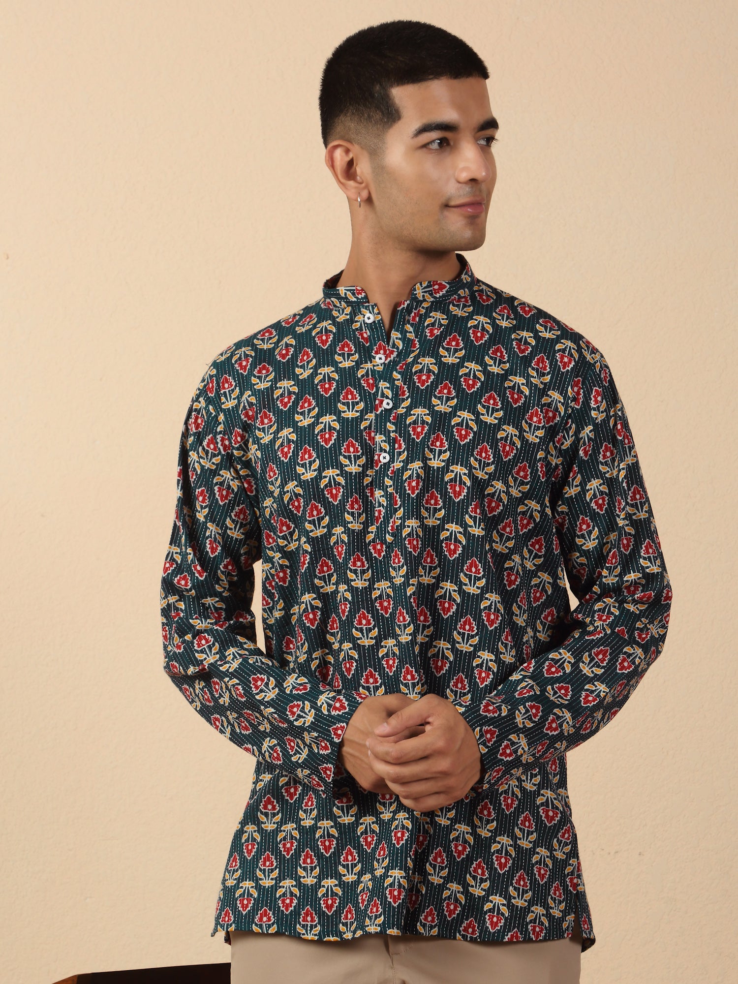 Men Jaipuri Printed Mandarin Collar Pure Cotton Short Kurta