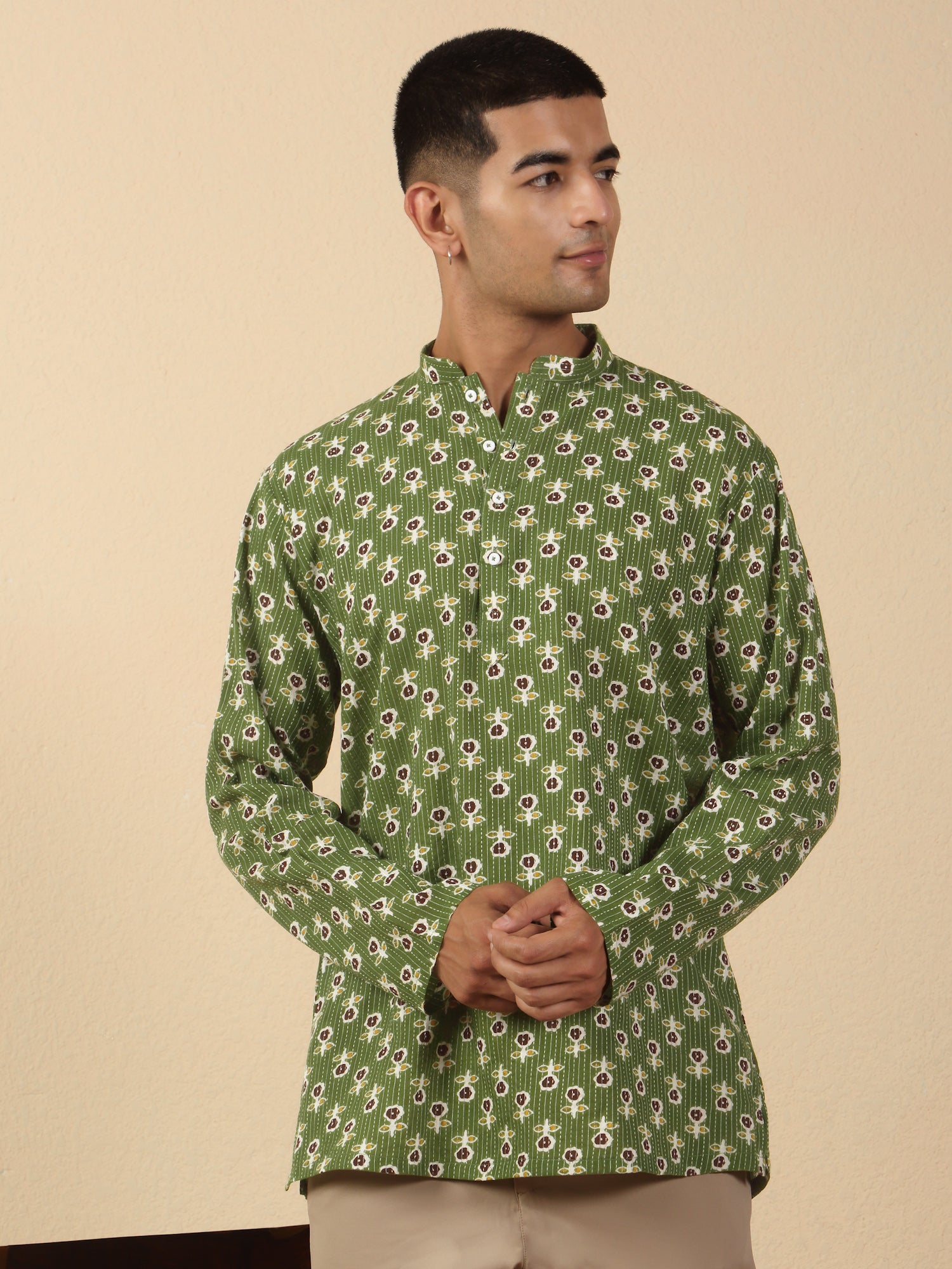 Men Jaipuri Printed Mandarin Collar Pure Cotton Short Kurta