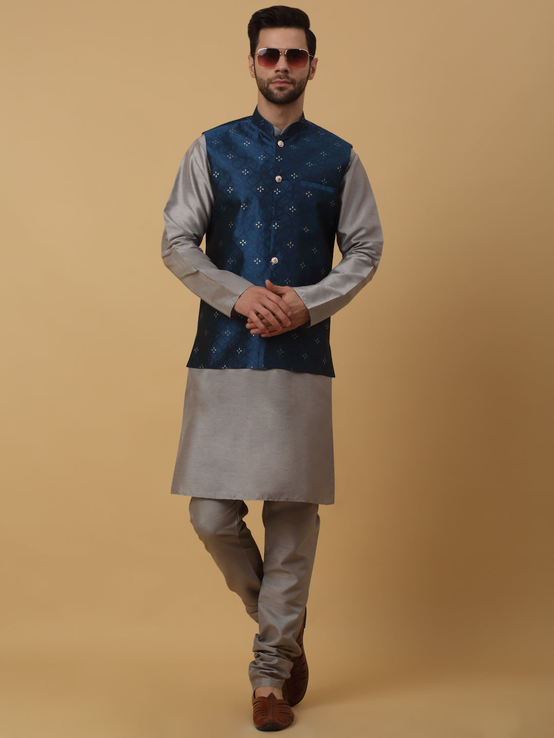 KRAFT INDIA Men's Silk Blend Grey Kurta, Churidar with Jacquard Silk Blend Floral Nehru Jacket Set