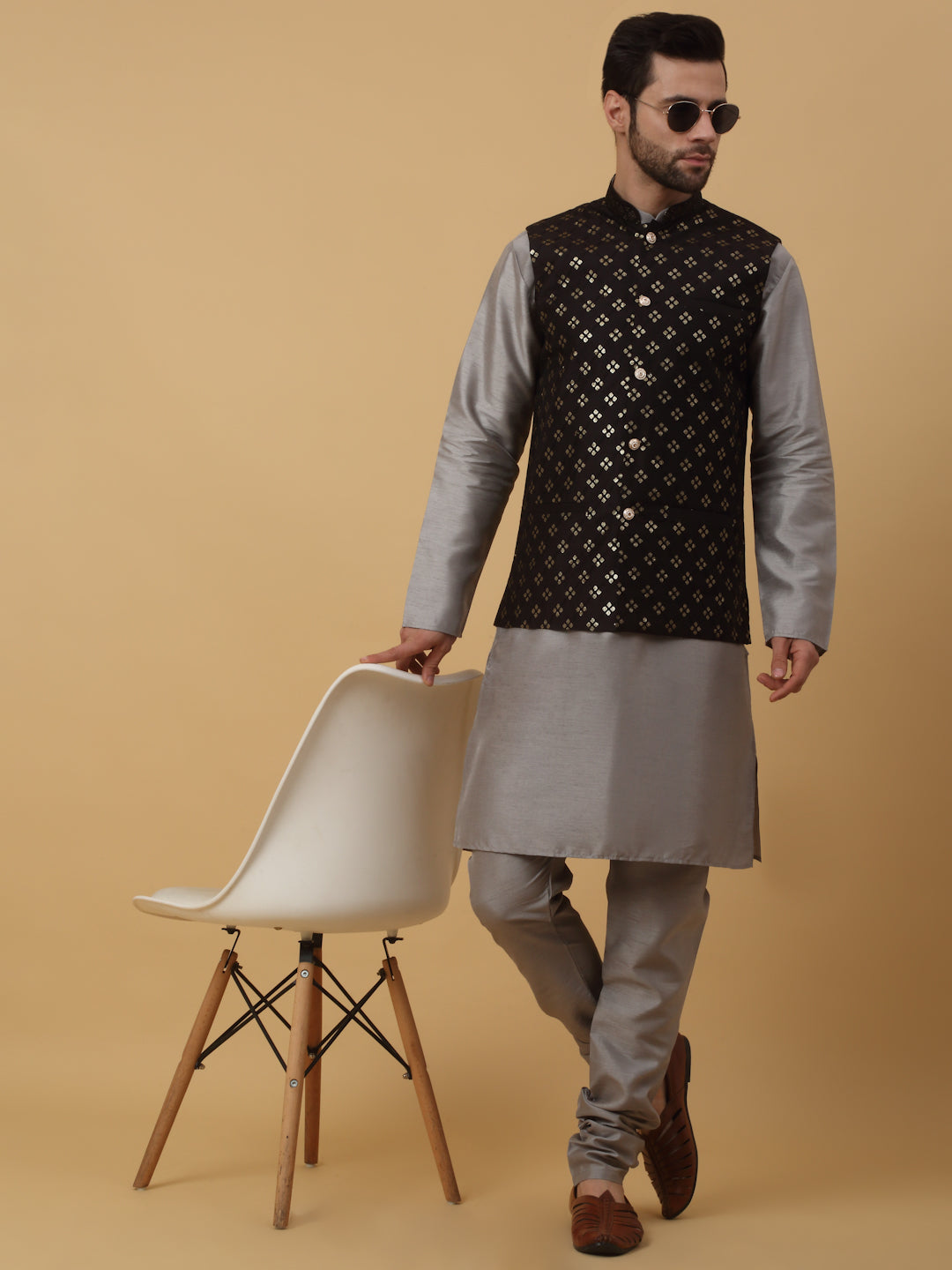 KRAFT INDIA Men's Silk Blend Grey Kurta, Churidar with Cotton Silk Embroided Sequenced Nehru Jacket Set