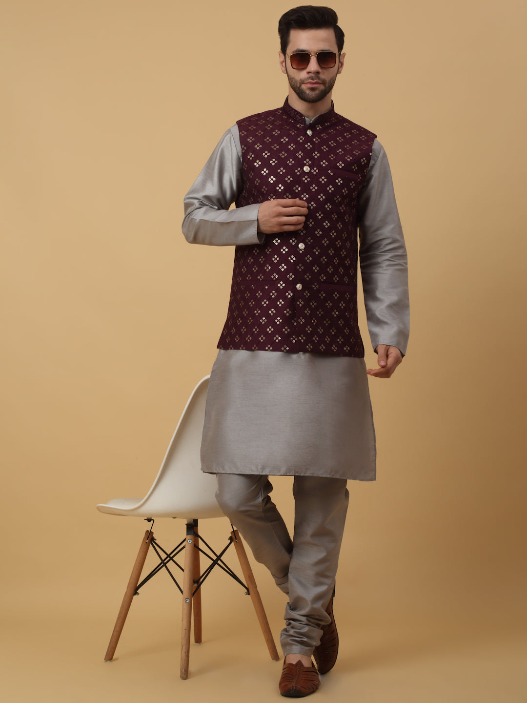 KRAFT INDIA Men's Silk Blend Grey Kurta, Churidar with Cotton Silk Embroided Sequenced Nehru Jacket Set