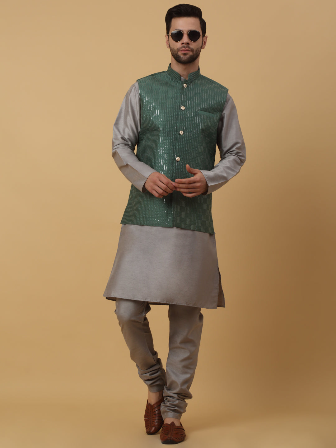 KRAFT INDIA Men's Silk Blend Grey Kurta, Churidar With Cotton Silk Sequenced Embroided Nehru Jacket set