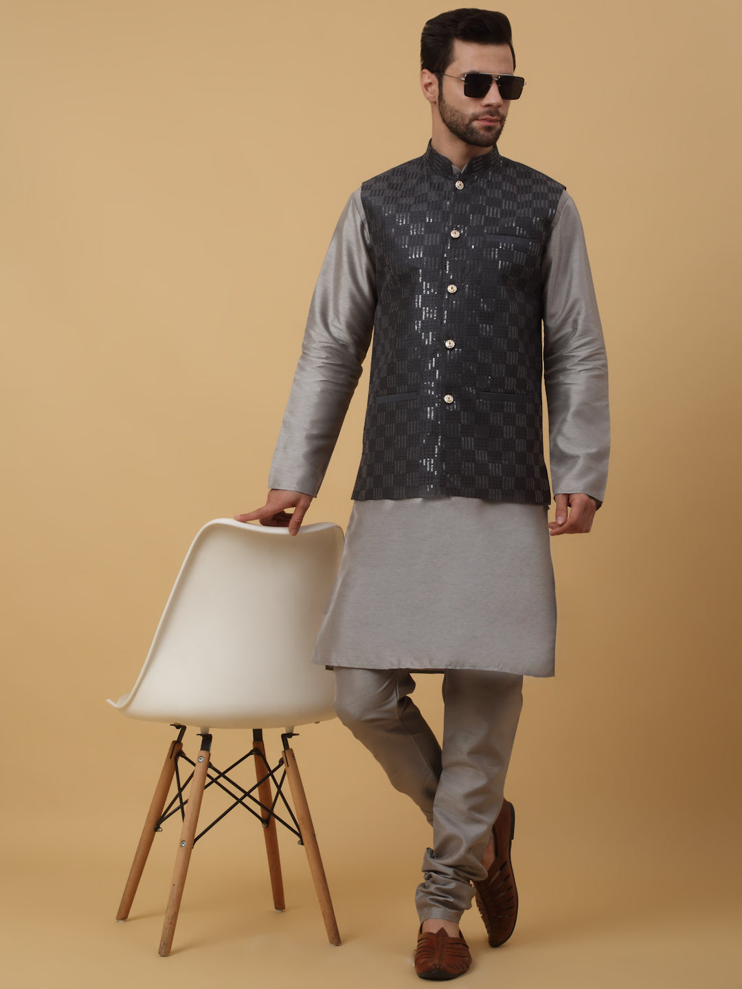 KRAFT INDIA Men's Silk Blend Grey Kurta, Churidar With Cotton Silk Sequenced Embroided Nehru Jacket set