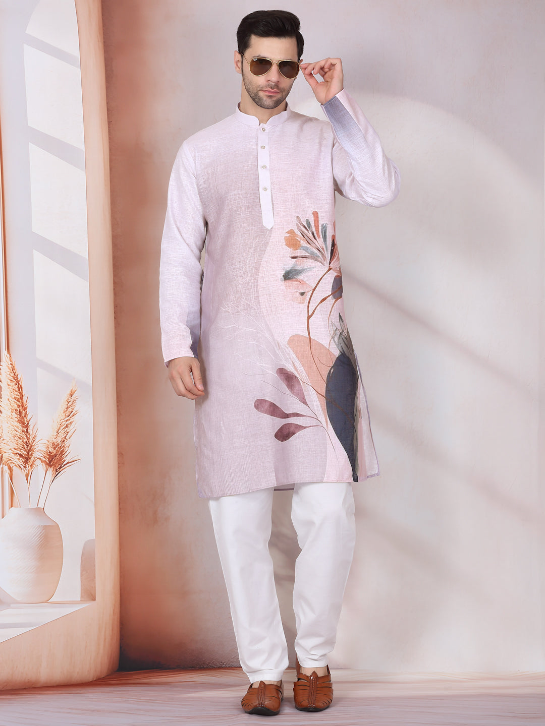 Marble Print Blue Long Kurta With White Elastic Waistband Pyjama Set