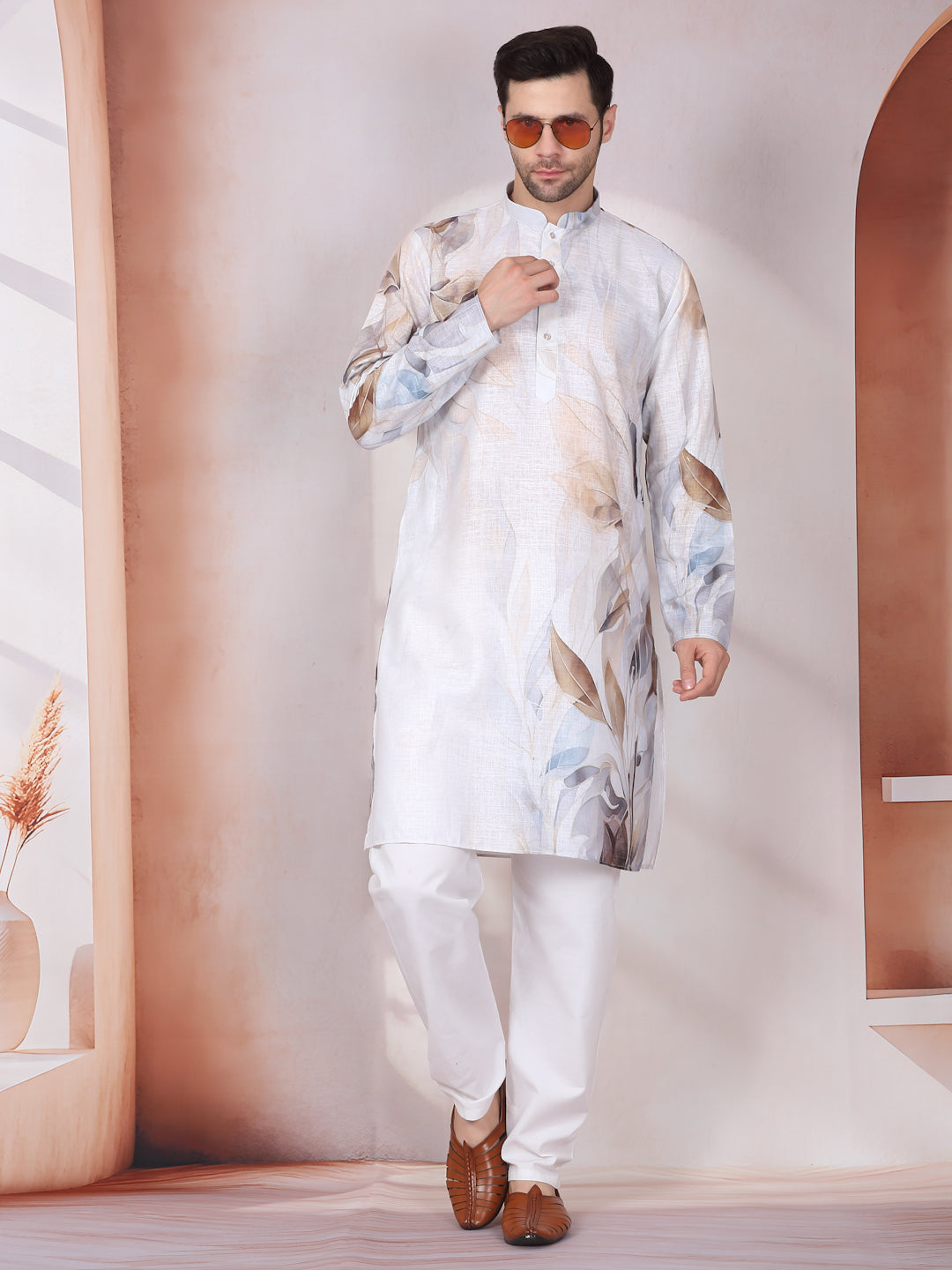 Marble Print Blue Long Kurta With White Elastic Waistband Pyjama Set