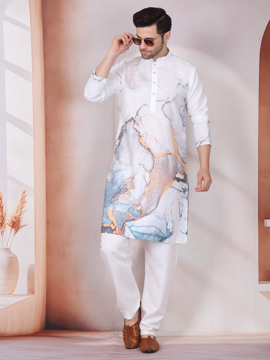 Marble Print Blue Long Kurta With White Elastic Waistband Pyjama Set