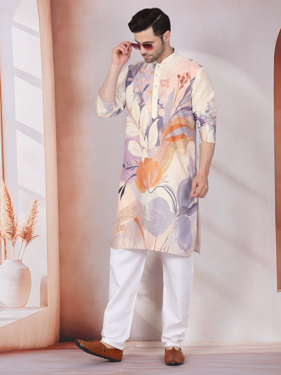 Marble Print Blue Long Kurta With White Elastic Waistband Pyjama Set