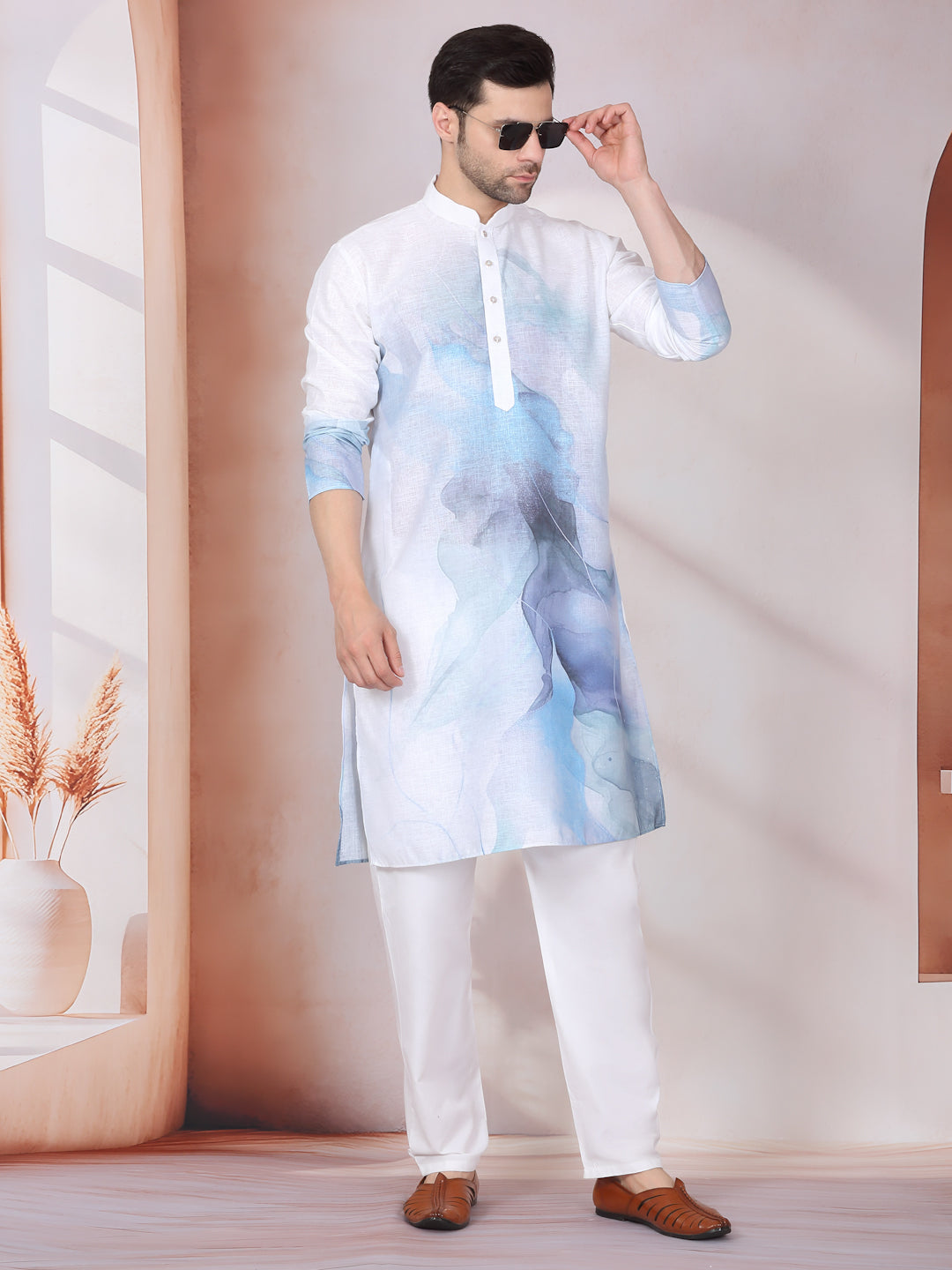 Marble Print Blue Long Kurta With White Elastic Waistband Pyjama Set