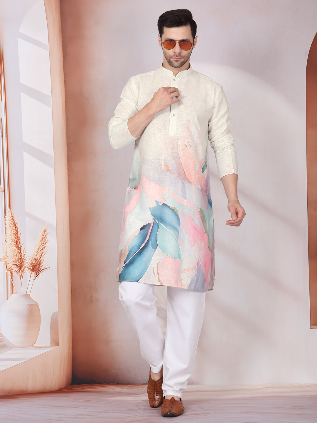 Marble Print Blue Long Kurta With White Elastic Waistband Pyjama Set