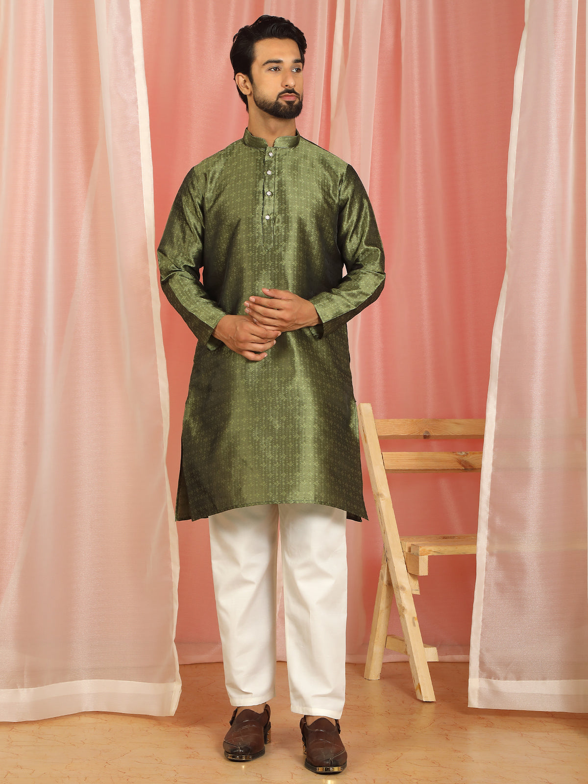 Men's Premium Jacquard Textured Straight Long Kurta with Trouser Set - Mehndi