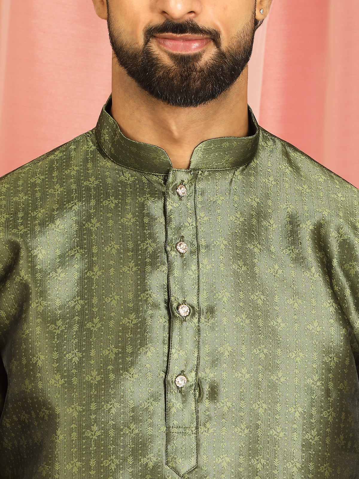 Men's Premium Jacquard Textured Straight Long Kurta with Trouser Set - Mehndi