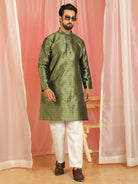 Men's Premium Jacquard Textured Straight Long Kurta with Trouser Set - Mehndi