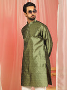 Men's Premium Jacquard Textured Straight Long Kurta with Trouser Set - Mehndi