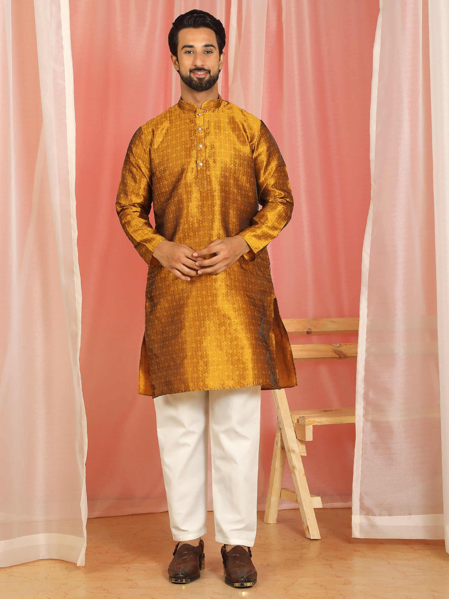 Men's Premium Jacquard Textured Straight Long Kurta with Trouser Set - Mustard