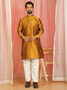 Men's Premium Jacquard Textured Straight Long Kurta with Trouser Set - Mustard