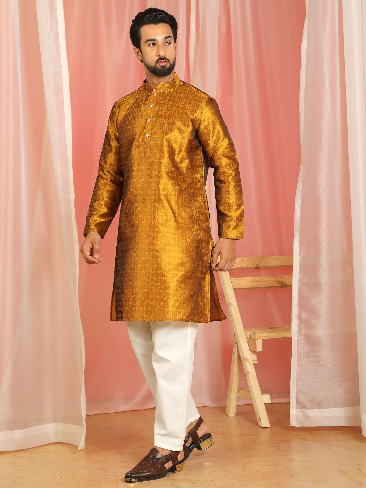 Men's Premium Jacquard Textured Straight Long Kurta with Trouser Set - Mustard