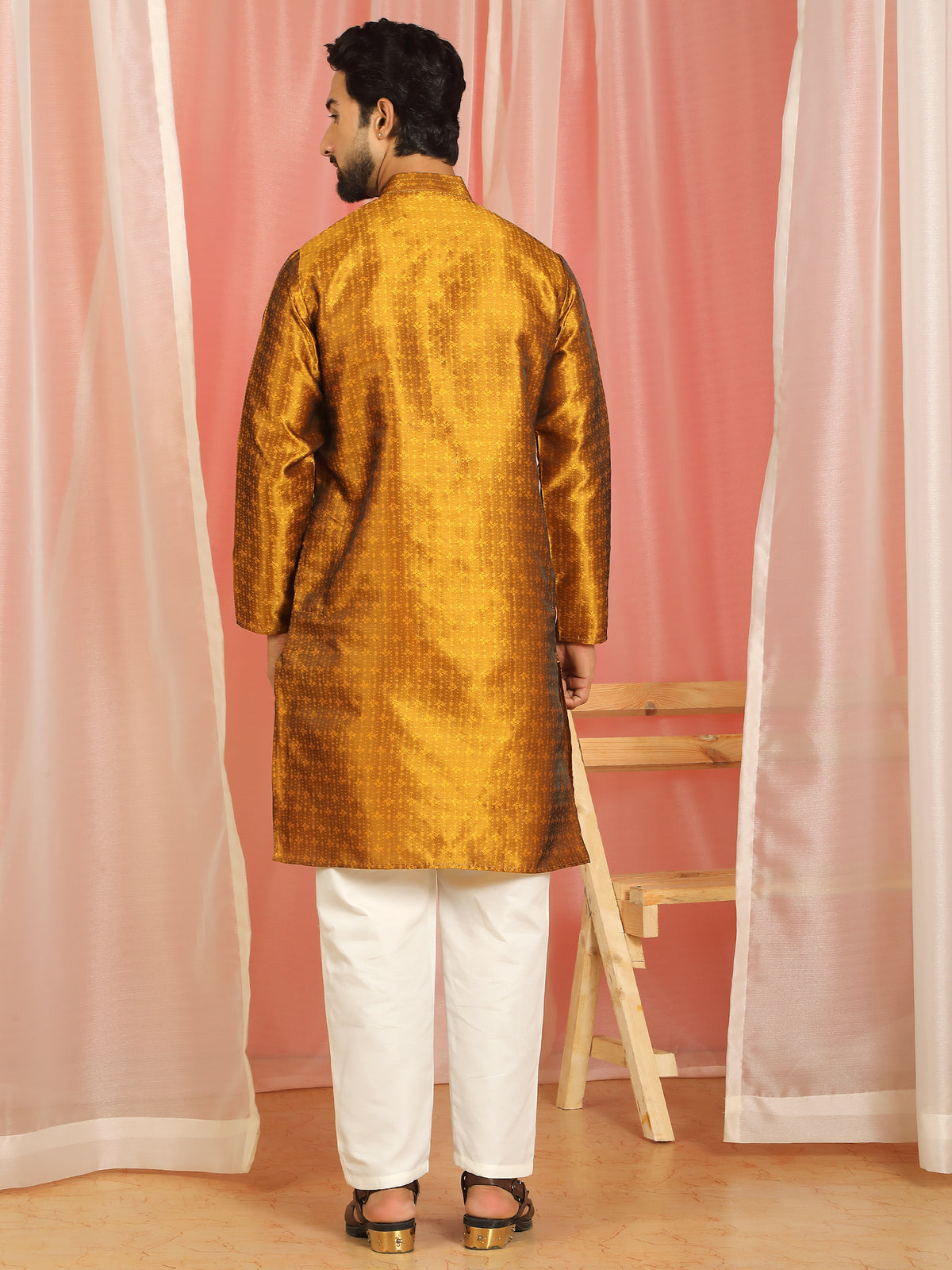 Men's Premium Jacquard Textured Straight Long Kurta with Trouser Set - Mustard