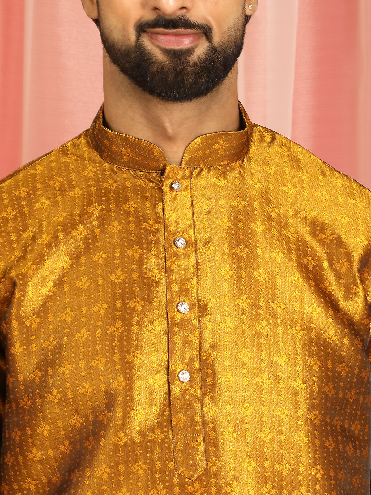 Men's Premium Jacquard Textured Straight Long Kurta with Trouser Set - Mustard