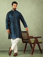 Men's Premium Jacquard Textured Straight Long Kurta with Trouser Set - Navy Blue
