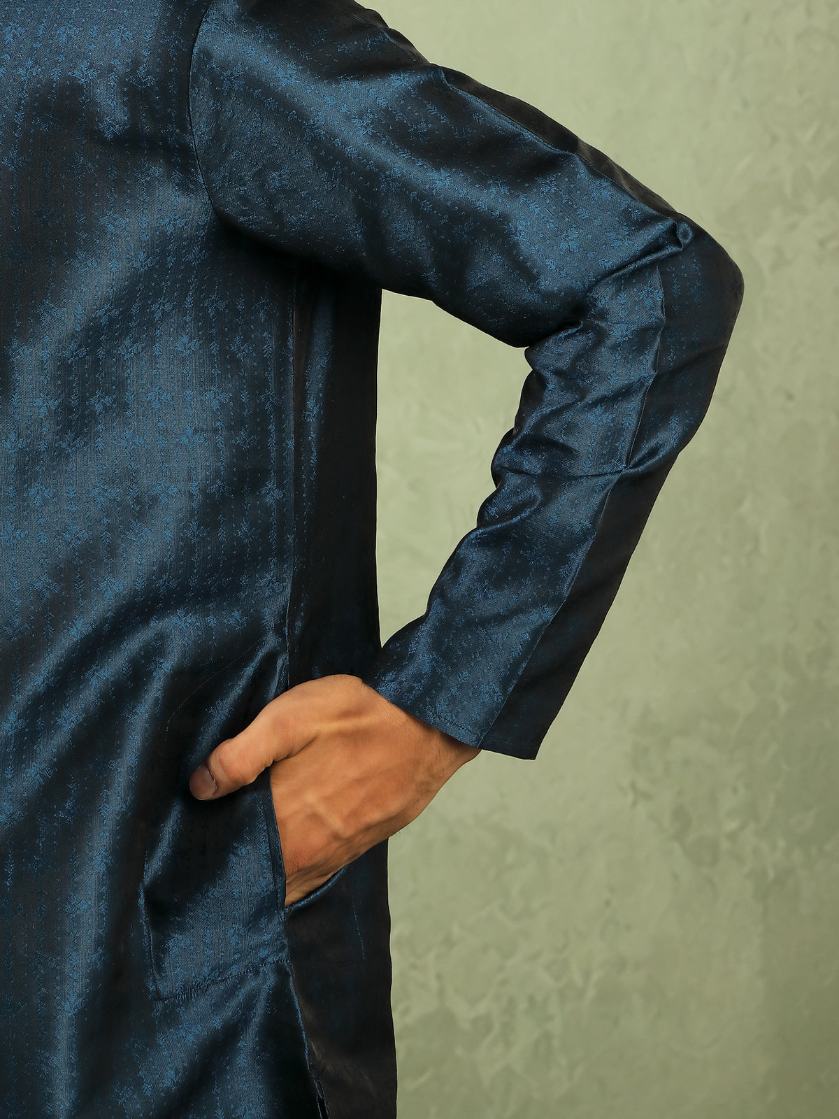 Men's Premium Jacquard Textured Straight Long Kurta with Trouser Set - Navy Blue