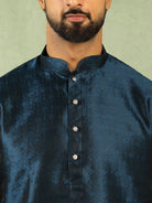 Men's Premium Jacquard Textured Straight Long Kurta with Trouser Set - Navy Blue