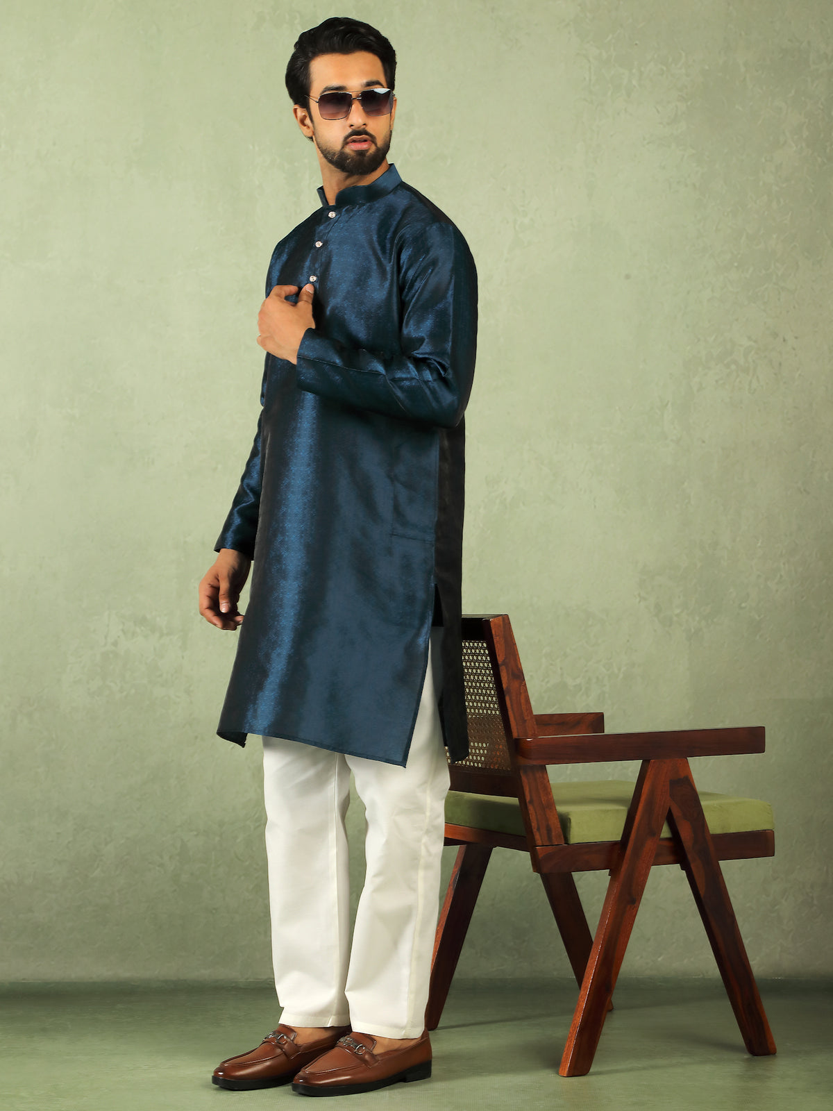 Men's Premium Jacquard Textured Straight Long Kurta with Trouser Set - Navy Blue