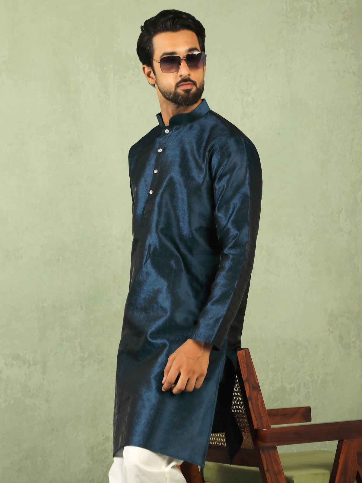 Men's Premium Jacquard Textured Straight Long Kurta with Trouser Set - Navy Blue