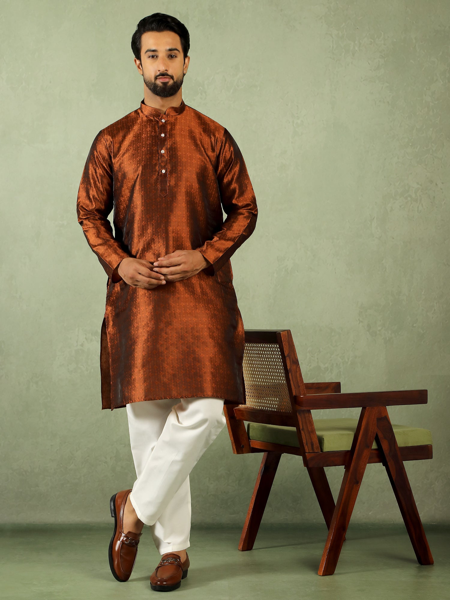 Men's Premium Jacquard Textured Straight Long Kurta with Trouser Set - Rust