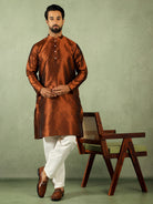 Men's Premium Jacquard Textured Straight Long Kurta with Trouser Set - Rust