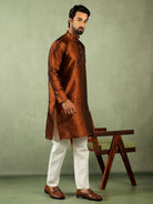 Men's Premium Jacquard Textured Straight Long Kurta with Trouser Set - Rust