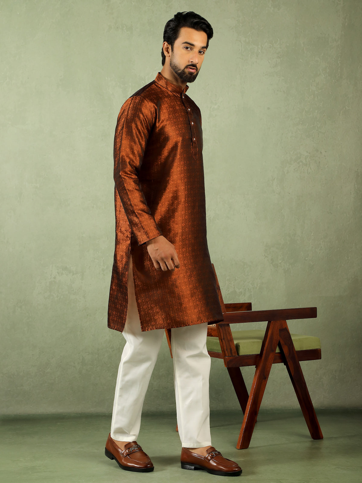 Men's Premium Jacquard Textured Straight Long Kurta with Trouser Set - Rust