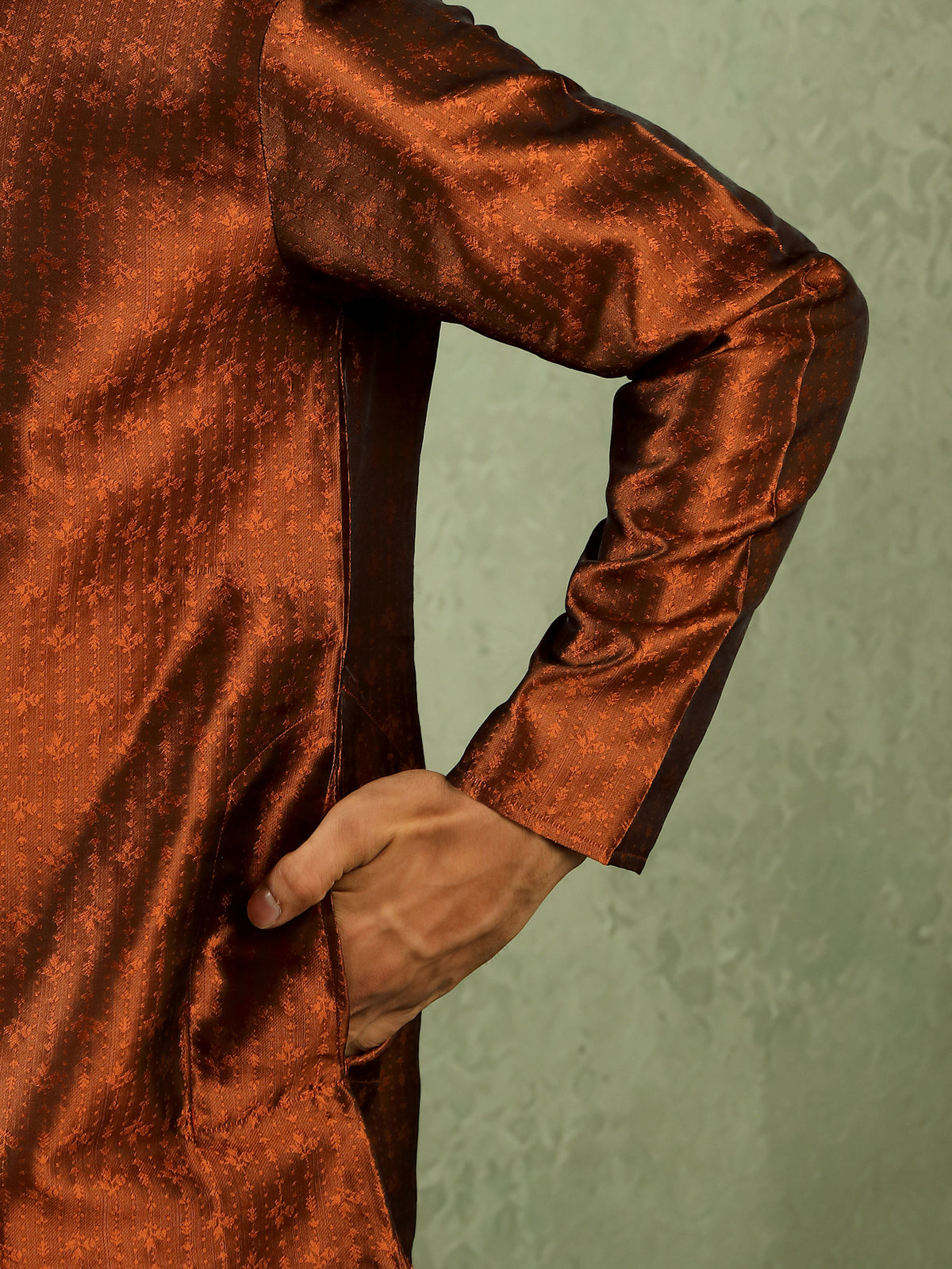 Men's Premium Jacquard Textured Straight Long Kurta with Trouser Set - Rust