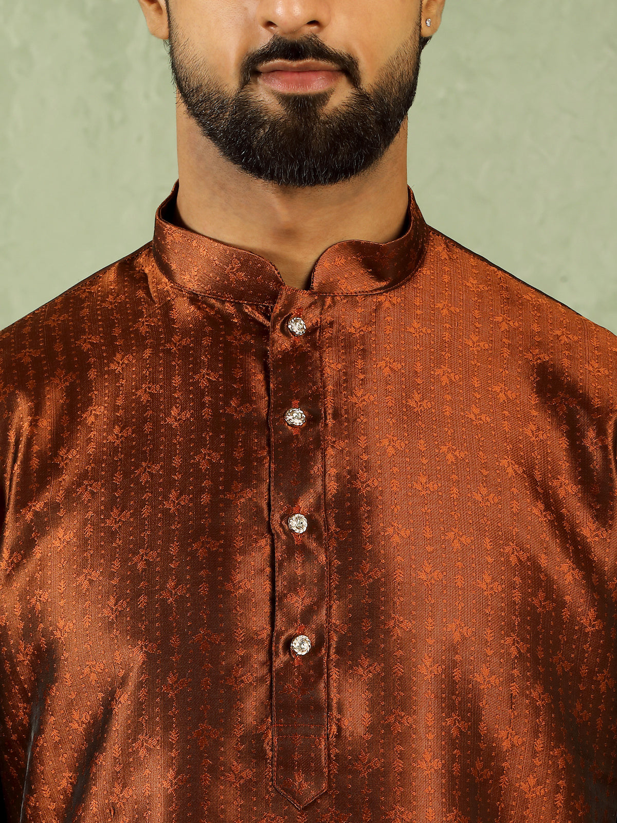 Men's Premium Jacquard Textured Straight Long Kurta with Trouser Set - Rust