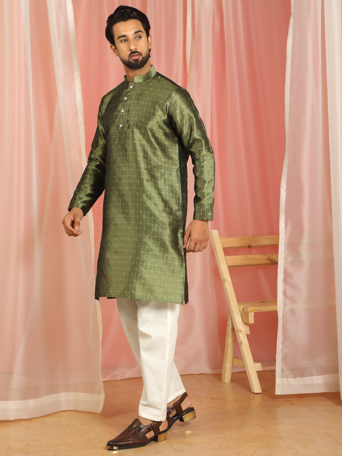 Men Jacquard Floral Mandarin Collor Long Kurta - Olive Green