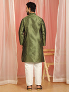 Men Jacquard Floral Mandarin Collor Long Kurta - Olive Green
