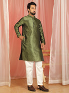 Men Jacquard Floral Mandarin Collor Long Kurta - Olive Green